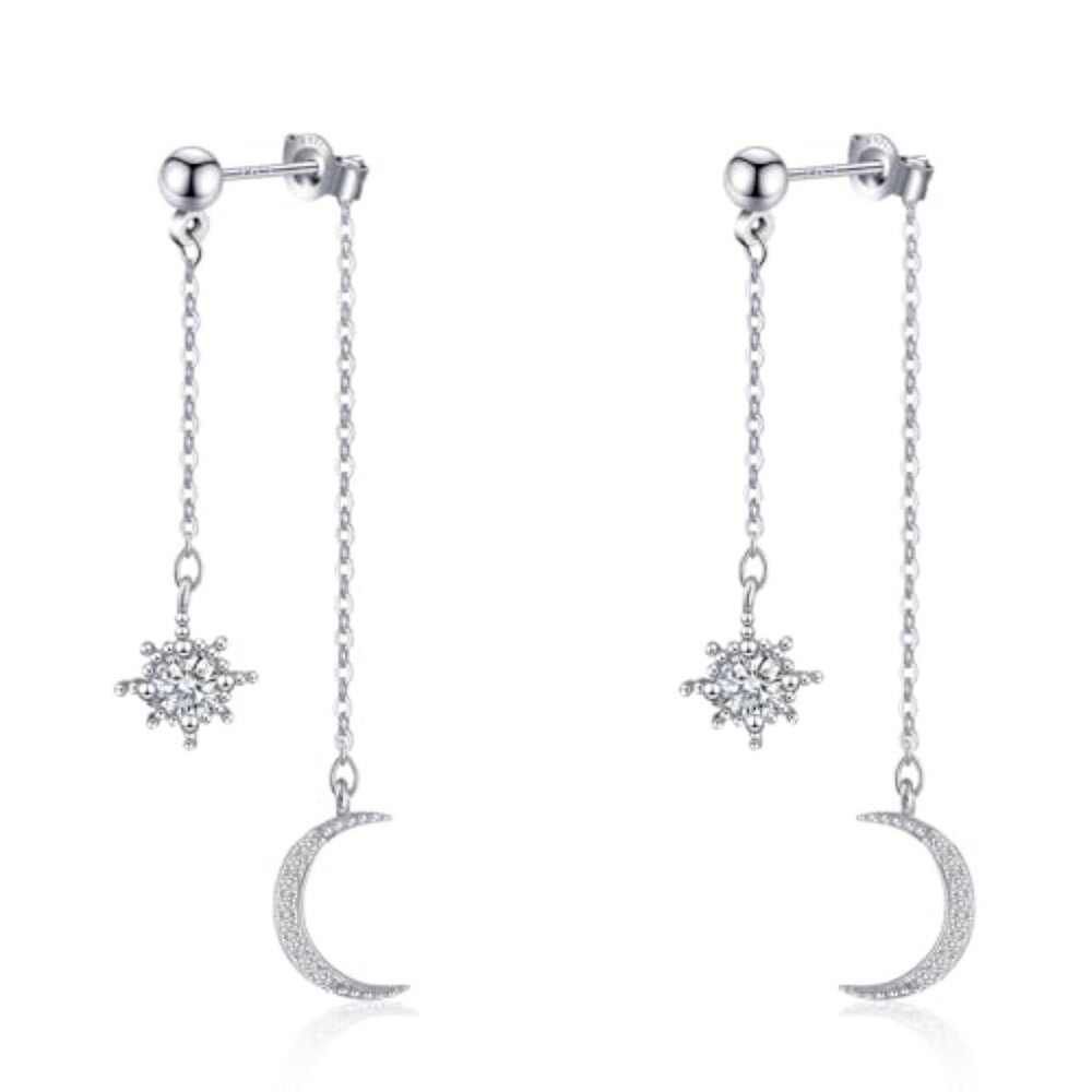 Moon and Star Dangle Earrings for Women Chain Tassel with Cubic Zirconia Drop